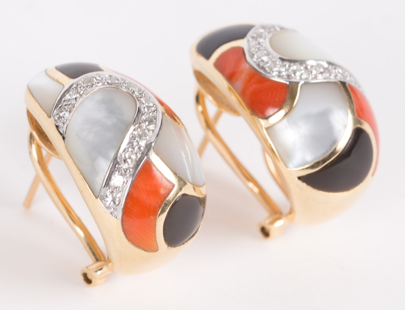 Appraisal: A Pair of Coral Onyx Diamond Earrings K with lever