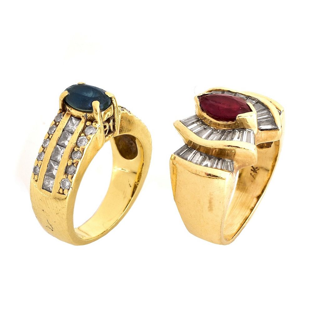 Appraisal: Two Gemstone Diamond and Gold Rings Vintage Marquise Cut Ruby