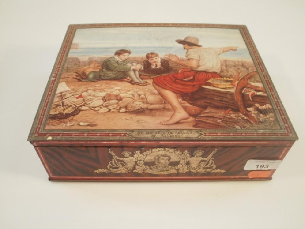 Appraisal: A Huntley Palmer biscuit tin depicting 'The Boyhood of Raleigh'