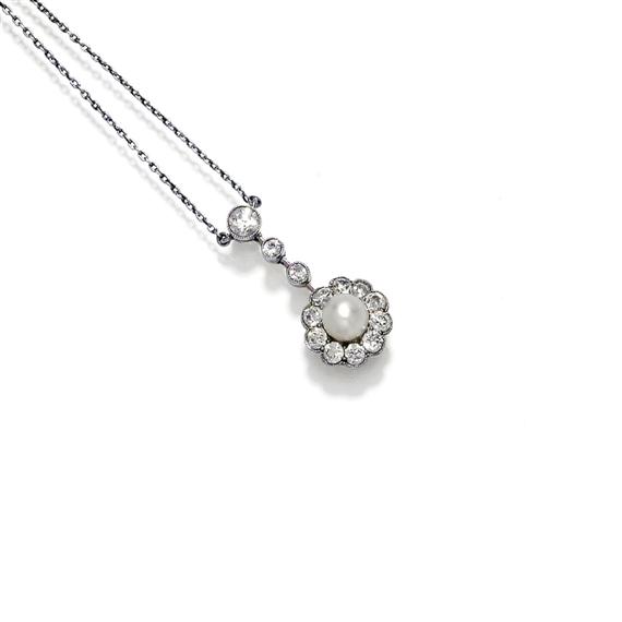 Appraisal: DIAMOND AND PEARL NECKLACE ca Platinum over yellow gold Charming