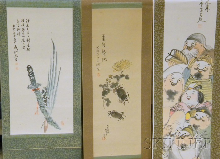 Appraisal: Three Japanese Scroll Paintings one depicting characters including Immortals one