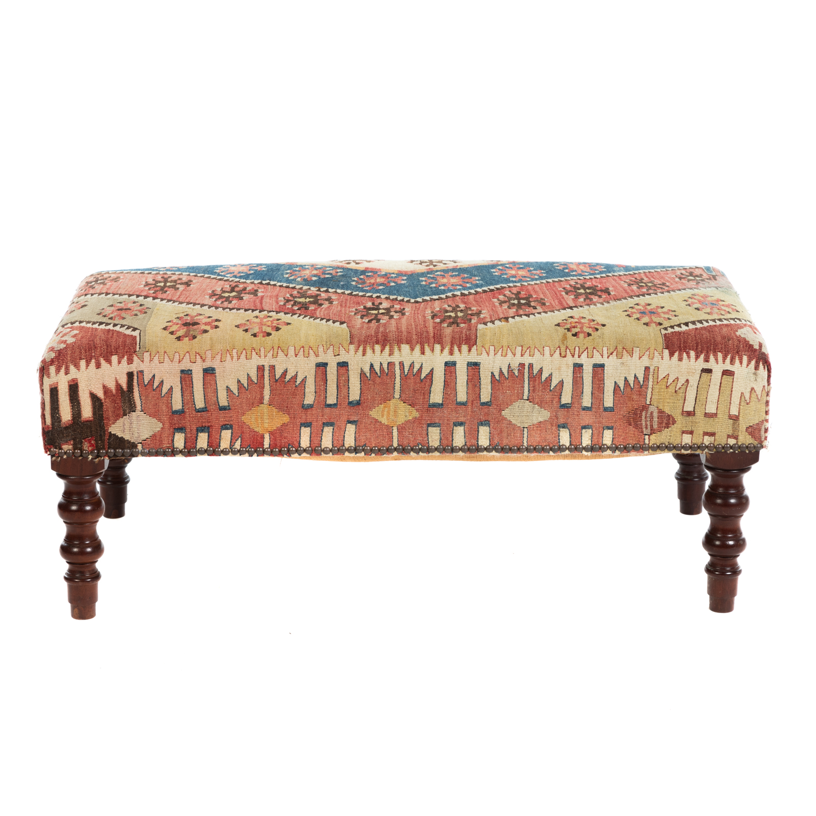 Appraisal: VICTORIAN KILIM UPHOLSTERED BENCH Late th century with Kilim upholstery