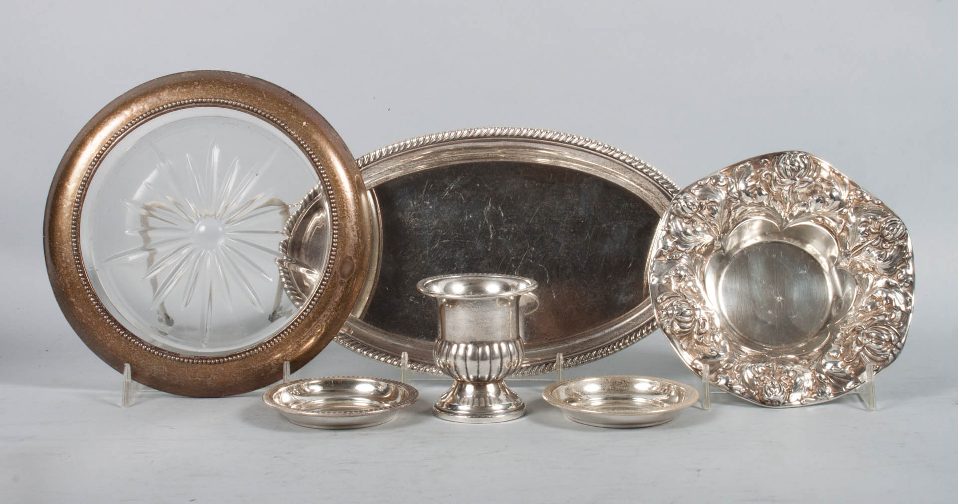 Appraisal: Six American sterling silver table items including Gorham repousse bonbon