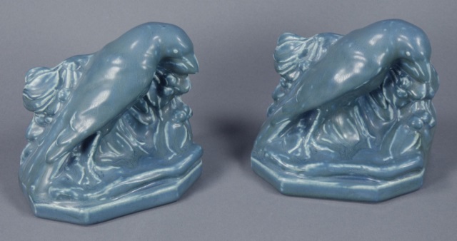 Appraisal: Pair Rookwood Figural Rook Bookends In matte blue glaze slightly