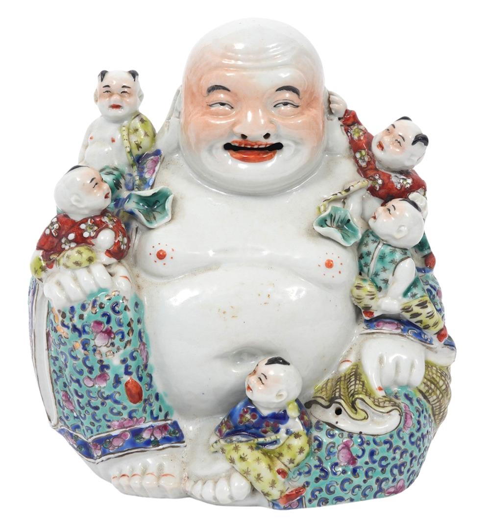 Appraisal: CHINESE PORCELAIN LAUGHING BUDDHA WITH CHILDRENLaughing Chinese seated porcelain Buddha