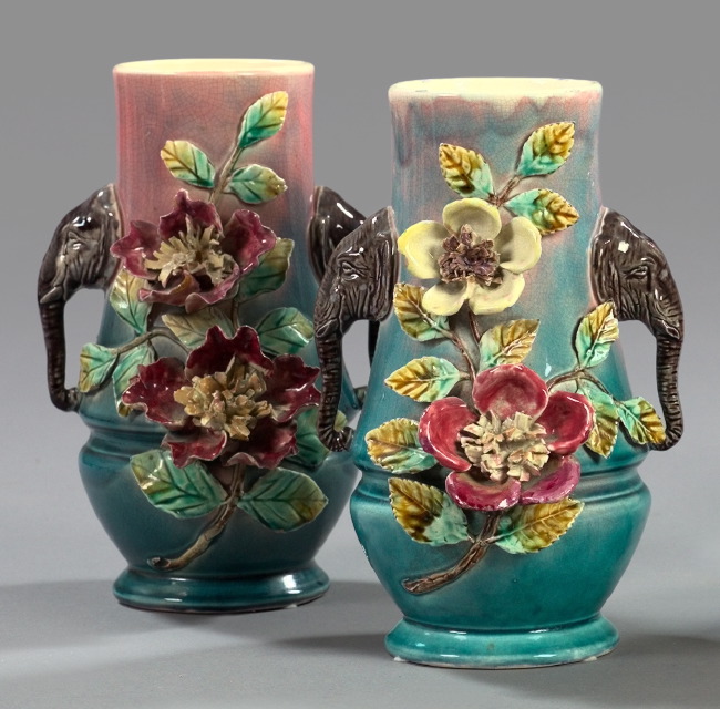 Appraisal: Pair of French Elephant-Masque-Handled Barbotine-Glazed Art Pottery Vases fourth quarter