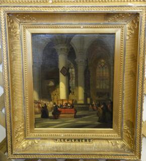 Appraisal: Leherners oil on canvas th century interior church signed lower