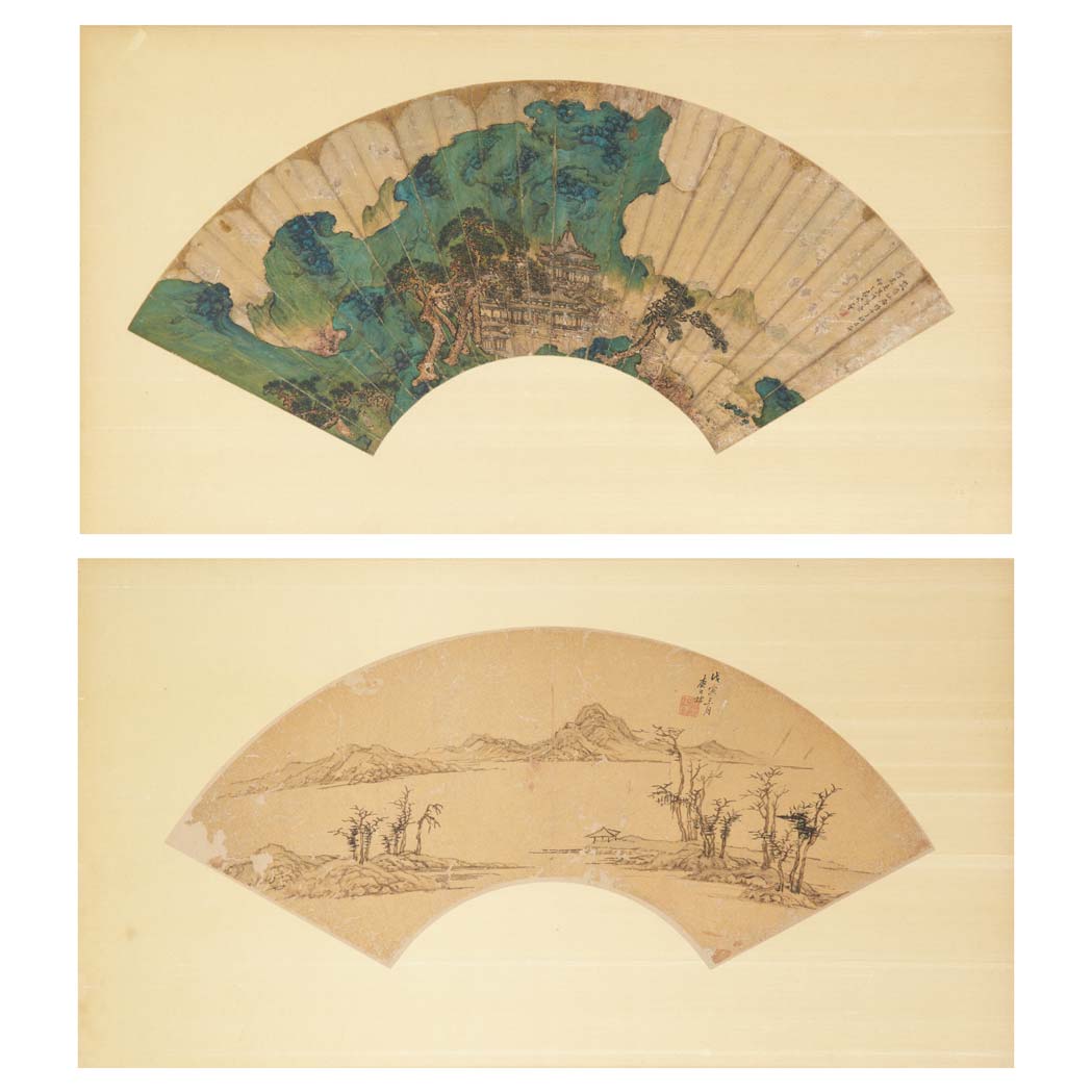 Appraisal: Two Chinese Fan Paintings Landscapes Both signed with seal Ink