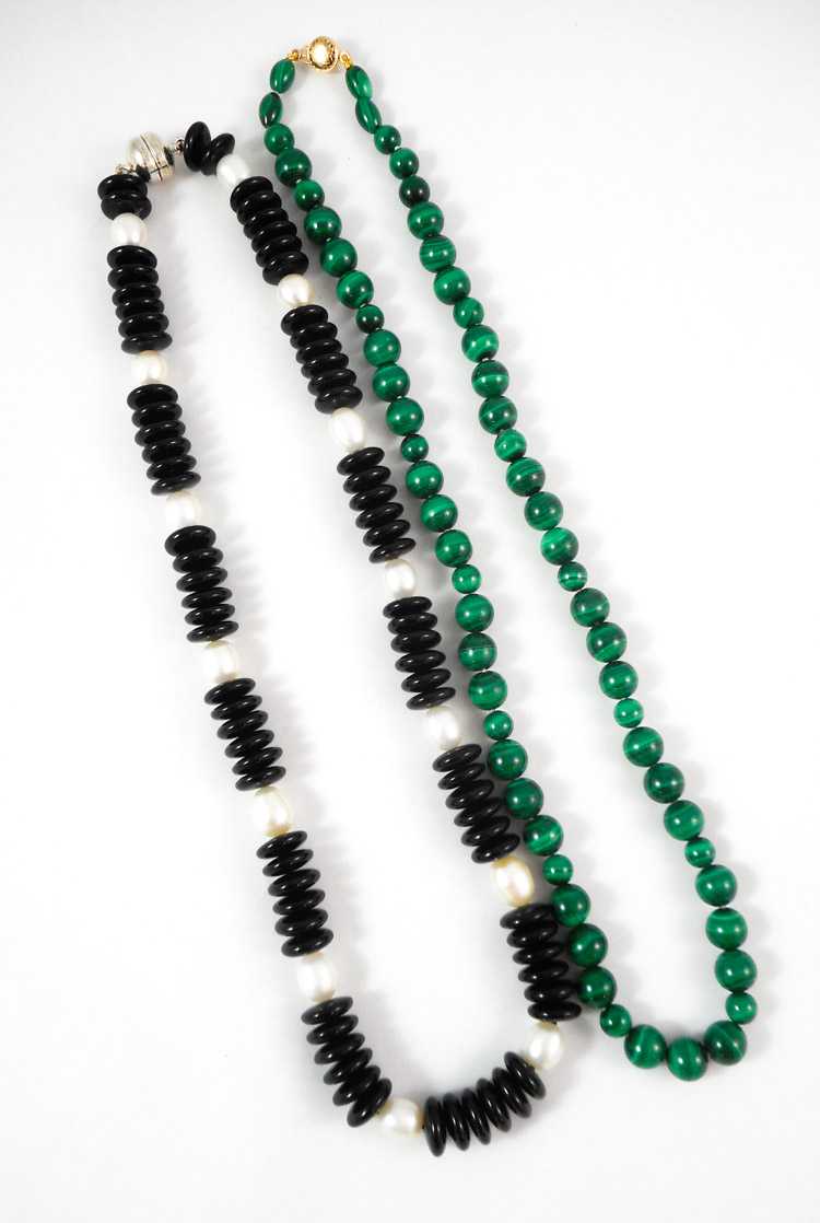 Appraisal: TWO BEADED NECKLACES the first malachite necklace with k gold