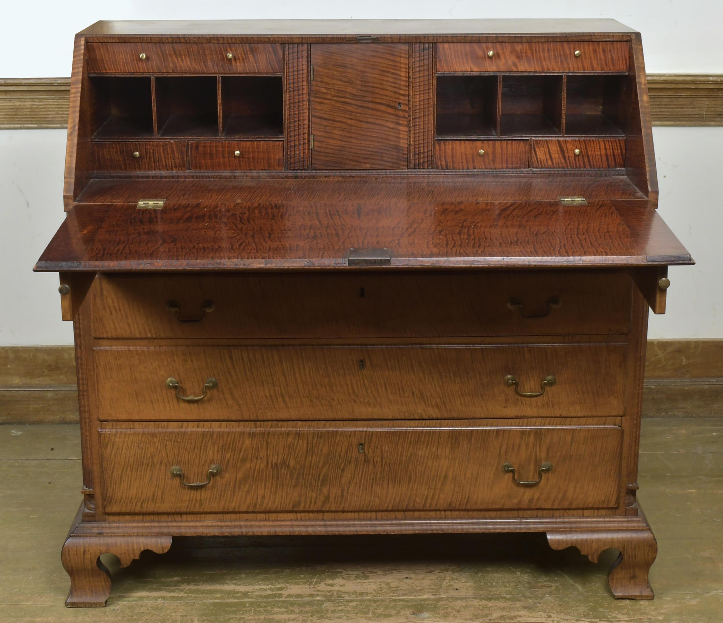 Appraisal: FINE TIGER MAPLE CHIPPENDALE SLANT LID DESK CA An exceptional