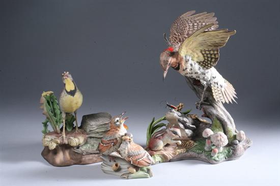 Appraisal: THREE BOEHM PORCELAIN FIGURE GROUPS Including Brown Thrasher Fledglings Meadowlark