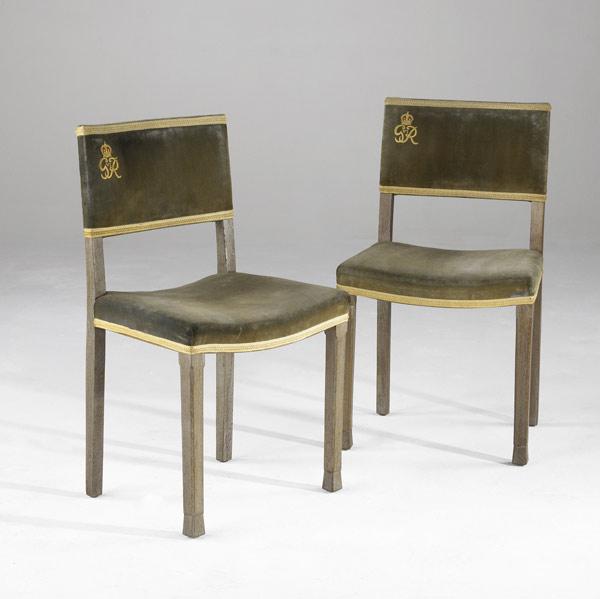 Appraisal: PAIR OF GEORGE VI CORONATION CHAIRS Velvet upholstered backs embroidered