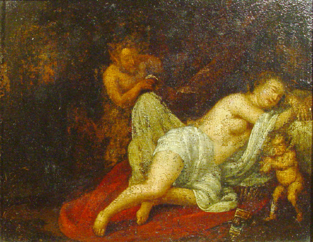 Appraisal: Unsigned oil onto panel of figures putti and a satyr