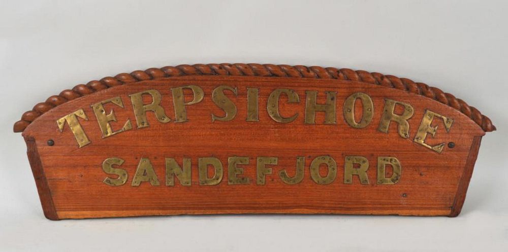 Appraisal: Carved Wood Sternboard From Terpsichore with brass lettering Terpsichore Sandefjord