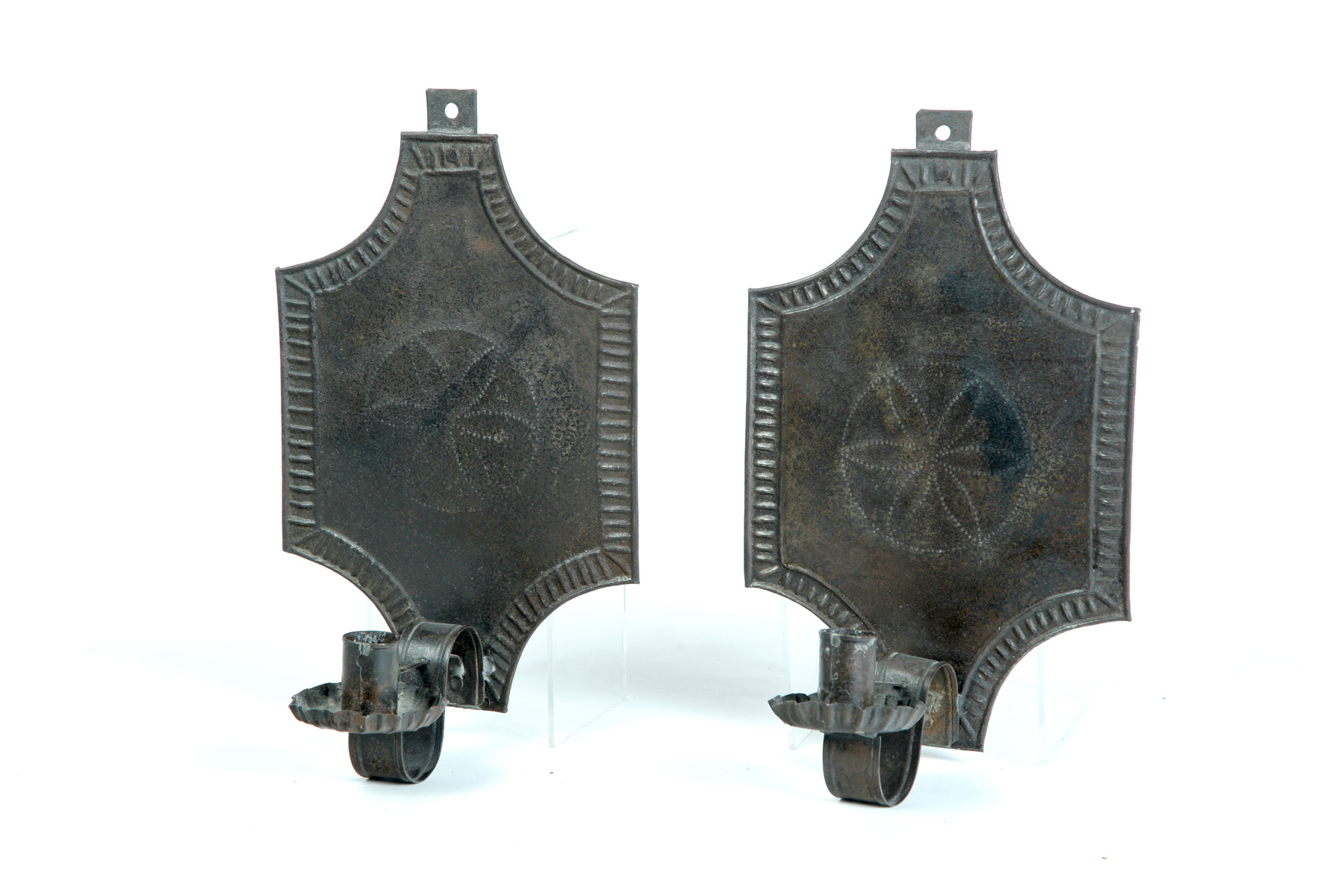 Appraisal: PAIR OF AMERICAN TIN WALL SCONCES Mid th century Cutout