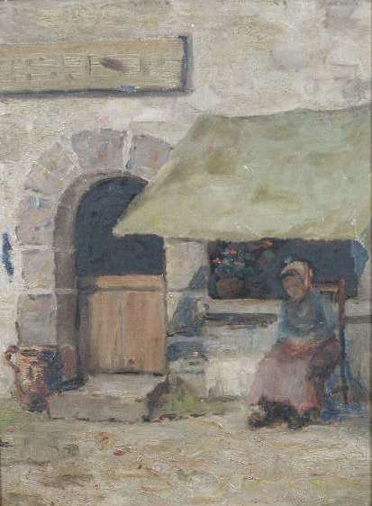 Appraisal: European Courtyard Oil Painting c oil on artist's board bears