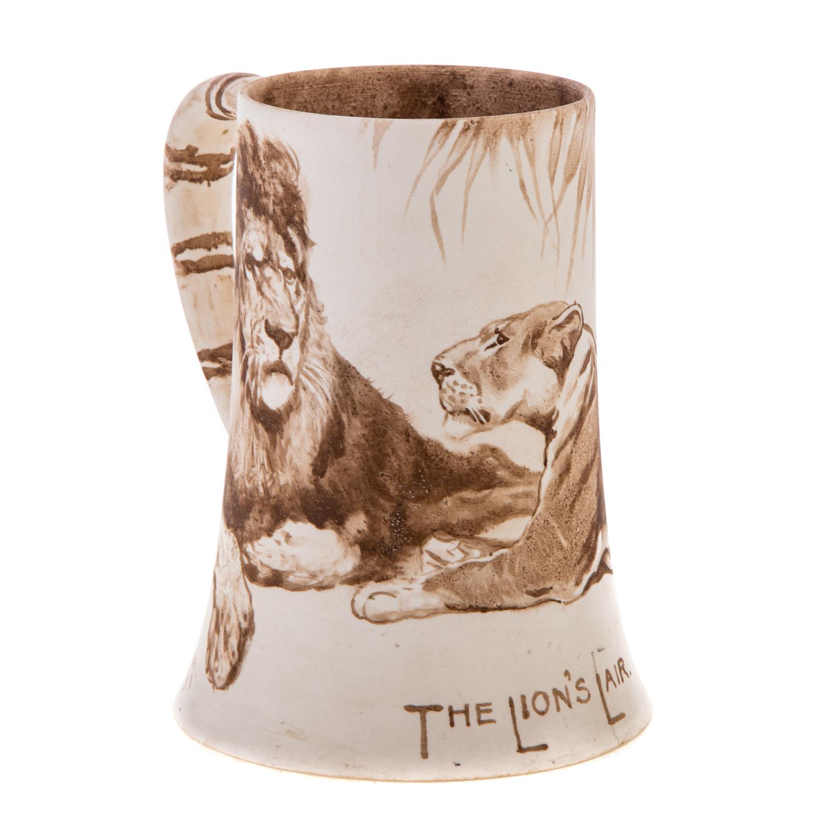 Appraisal: WILLIAM DRAKE THE LION'S LAIR PAINTED MUG Dated American Belleek