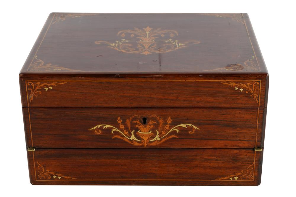 Appraisal: MARQUETRY-INLAID PORATBLE WRITING DESK BOXthe hinged lid opening to a