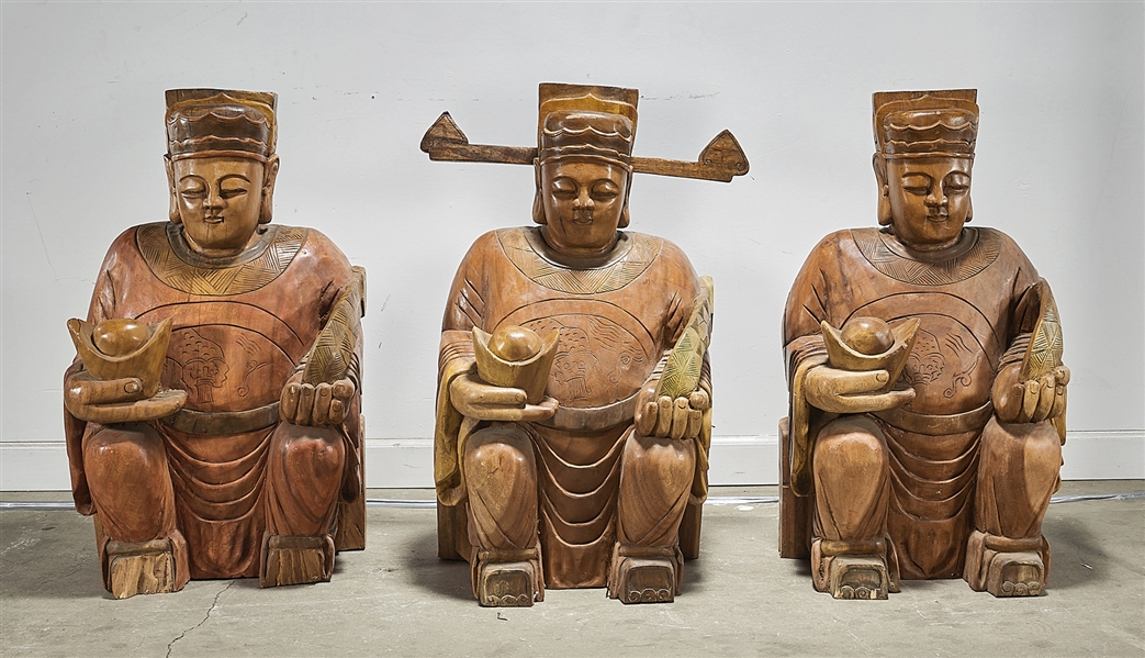 Appraisal: Three Chinese carved wood sculptures of officials x x largest