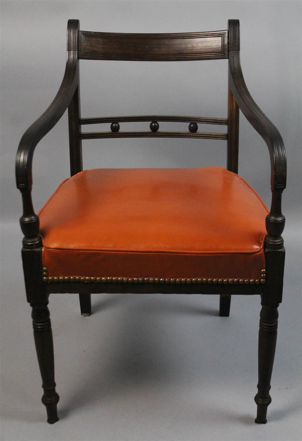 Appraisal: ENGLISH REGENCY OPEN ARM CHAIR having a molded horizontal crest