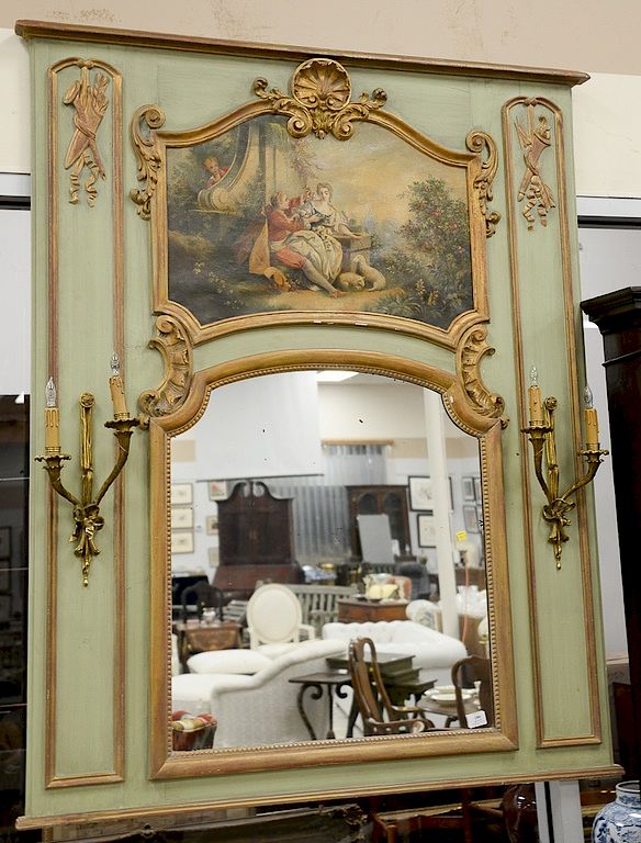 Appraisal: Louis XVI style painted wood trumeau mirror painted scene of