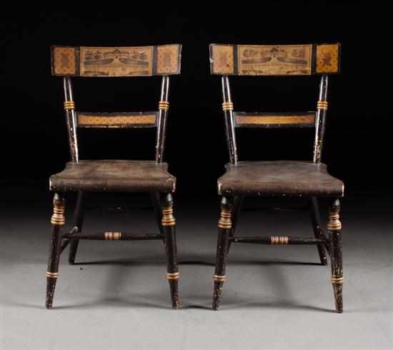 Appraisal: Pair of American painted stenciled and ebonized fancy plank seat