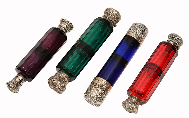 Appraisal: A GROUP OF FOUR ANTIQUE COLOURED GLASS DOUBLE ENDED SCENT