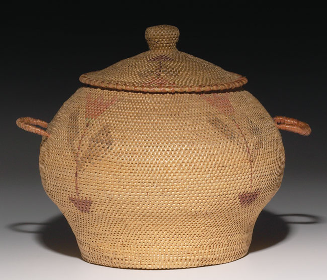 Appraisal: Eskimo lidded basket double handled shape with a polychrome floral