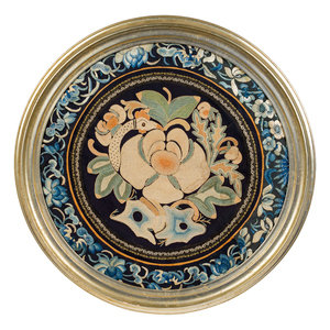 Appraisal: A Chinese Framed Blue Ground Embroidered Silk Panel Diameter inches