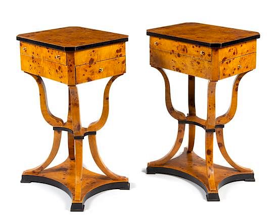 Appraisal: A Pair of Biedermeier Style Parcel Ebonized Work Tables Height