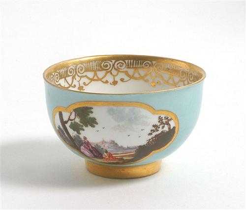 Appraisal: CUP WITH LANDSCAPE CARTOUCHES Meissen circa Gold framed cartouches on