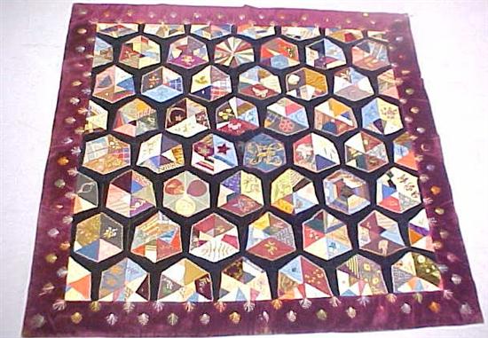 Appraisal: Victorian crazy quilt black field with hexagonal medallions of various