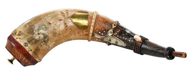 Appraisal: th Century Scrimshawed and Inlaid Powder Horn American engraved scenes