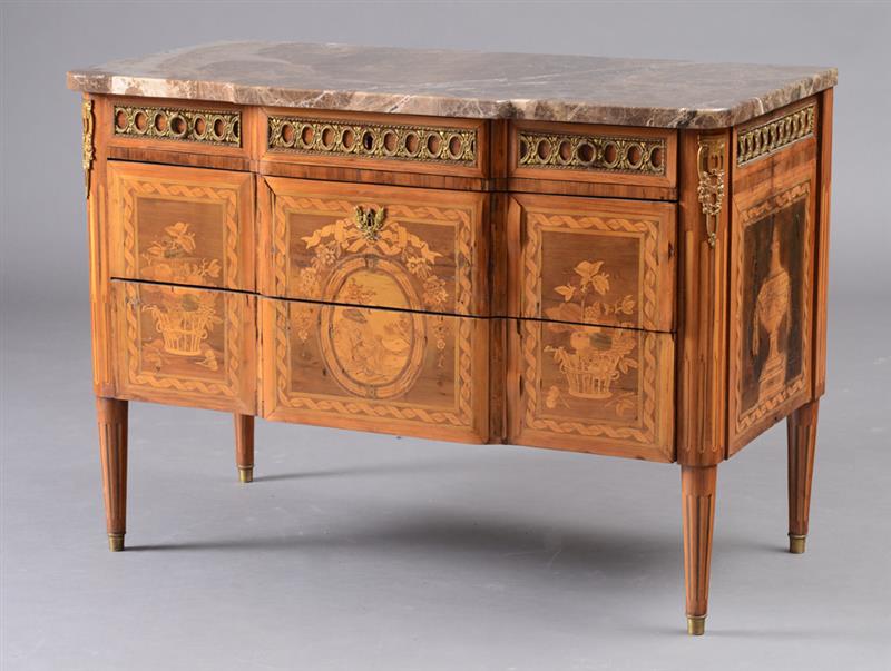 Appraisal: FINE LOUIS XVI ORMOLU-MOUNTED KINGWOOD AND FRUITWOOD MARQUETRY COMMODE The