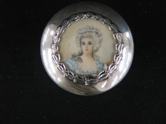 Appraisal: Miniature Painting on Ivory Dresser Jar sterling cut glass rouge