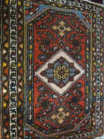 Appraisal: Hamadan Persian Handmade Mat geometric designs red field '' x