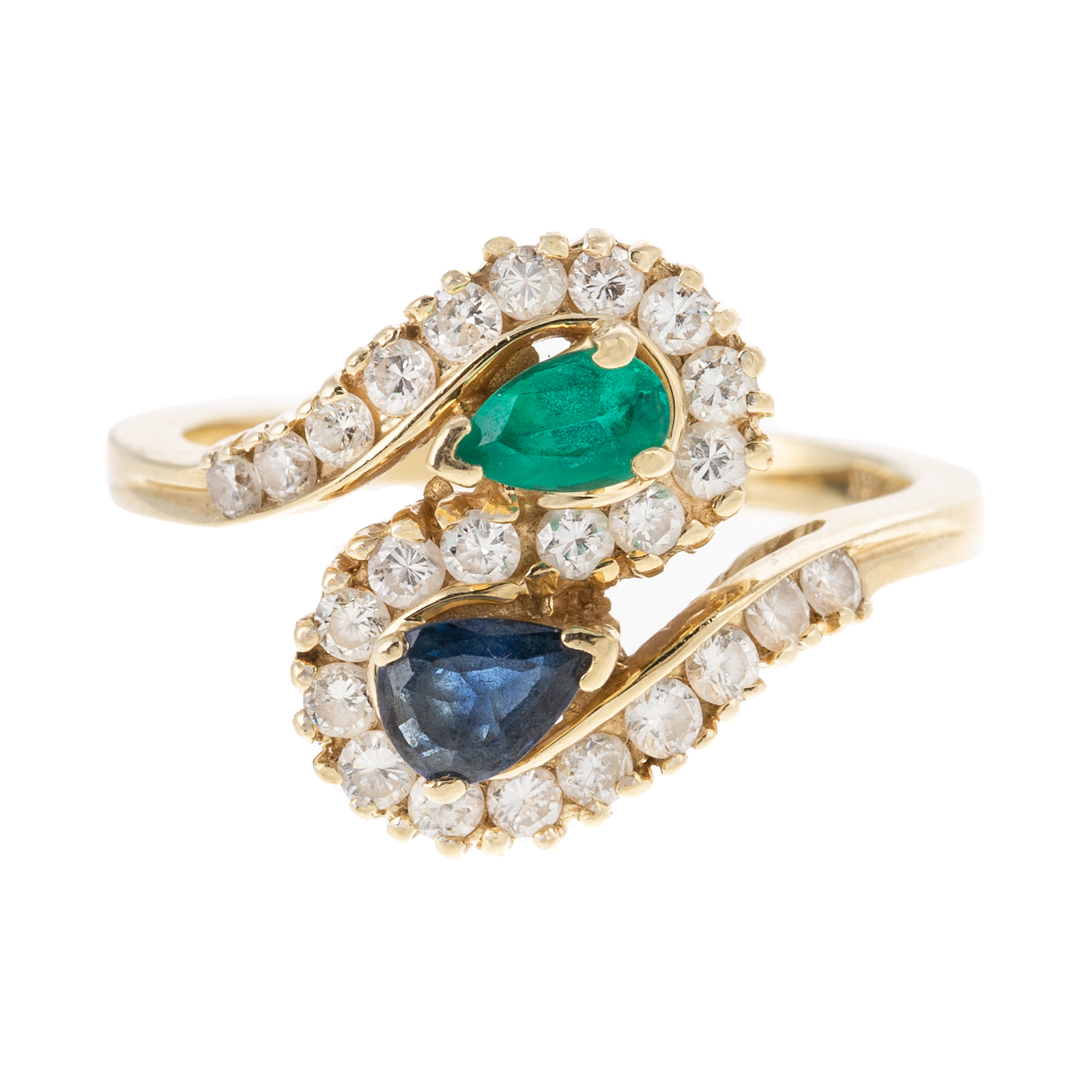 Appraisal: AN EMERALD SAPPHIRE BYPASS RING IN K K yellow gold