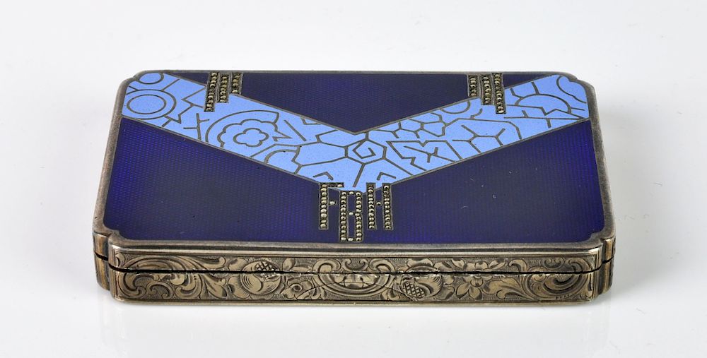 Appraisal: Art Deco Enameled Silver and Marcasite Snuff Coralt sky blue