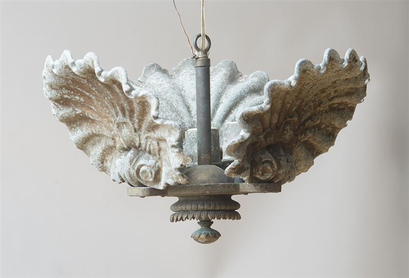 Appraisal: CAST-METAL VERDIGRIS SHELL-FORM THREE-LIGHT CHANDELIER x x in Estimate -