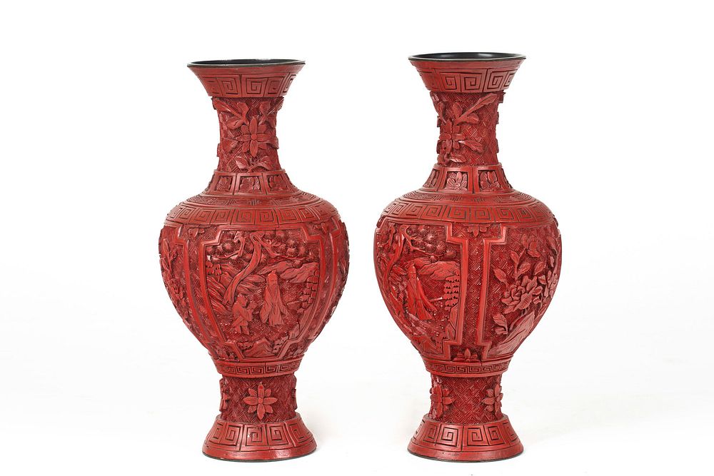 Appraisal: A PAIR OF CHINESE CARVED CINNABAR LACQUER VASES TH- TH