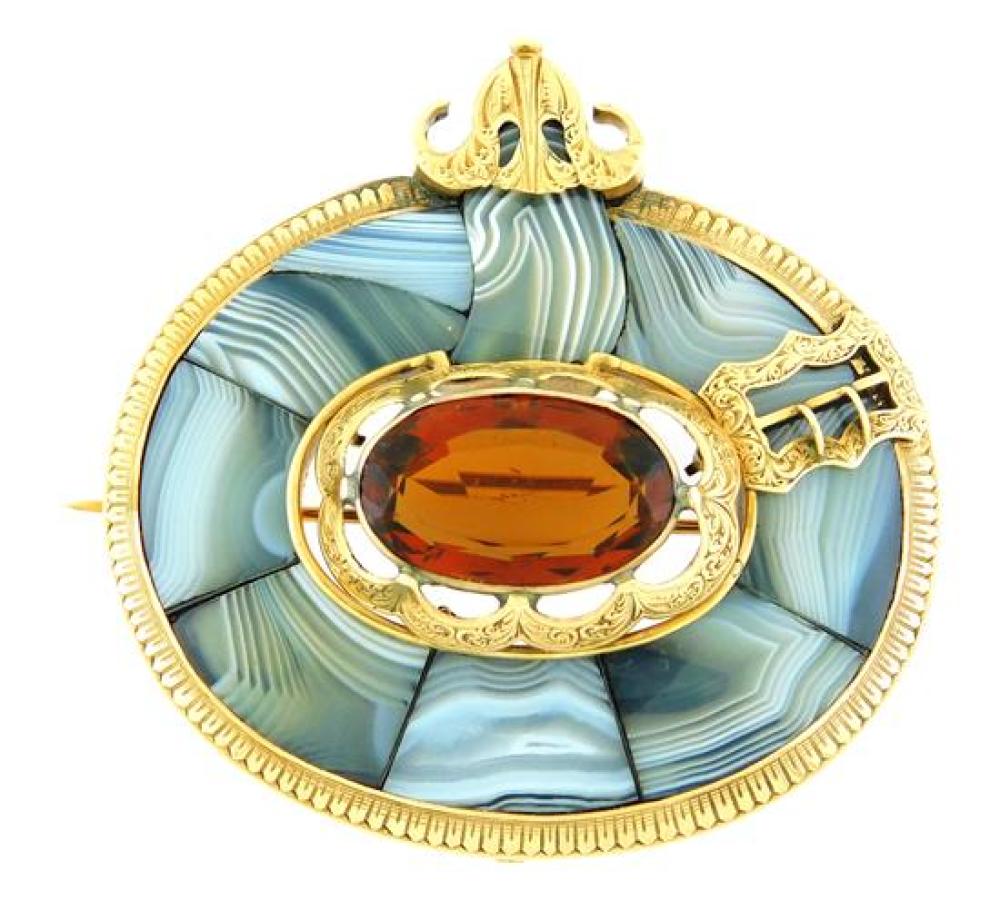 Appraisal: JEWELRY K Agate and Citrine Brooch Victorian tested K yellow