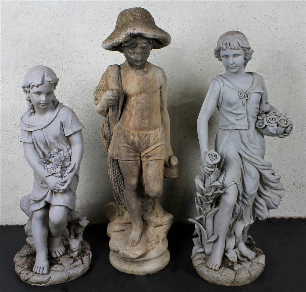 Appraisal: THREE FIGURAL GARDEN STATUES the first a composition woman with