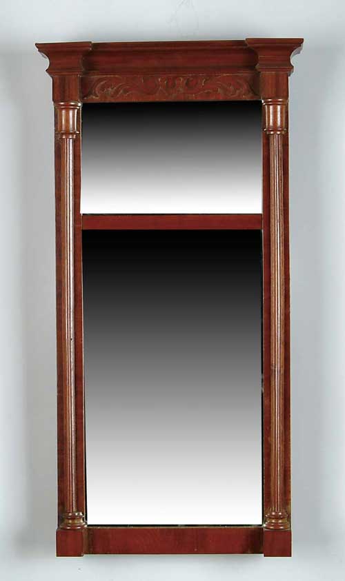 Appraisal: MAHOGANY SHERATON TWO-PART MIRROR WITH LABEL Column sides with applied