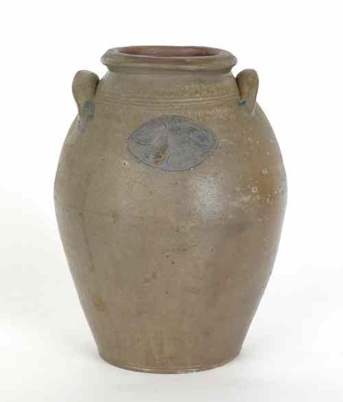 Appraisal: New Jersey blue decorated stoneware crock with two incised cartouches