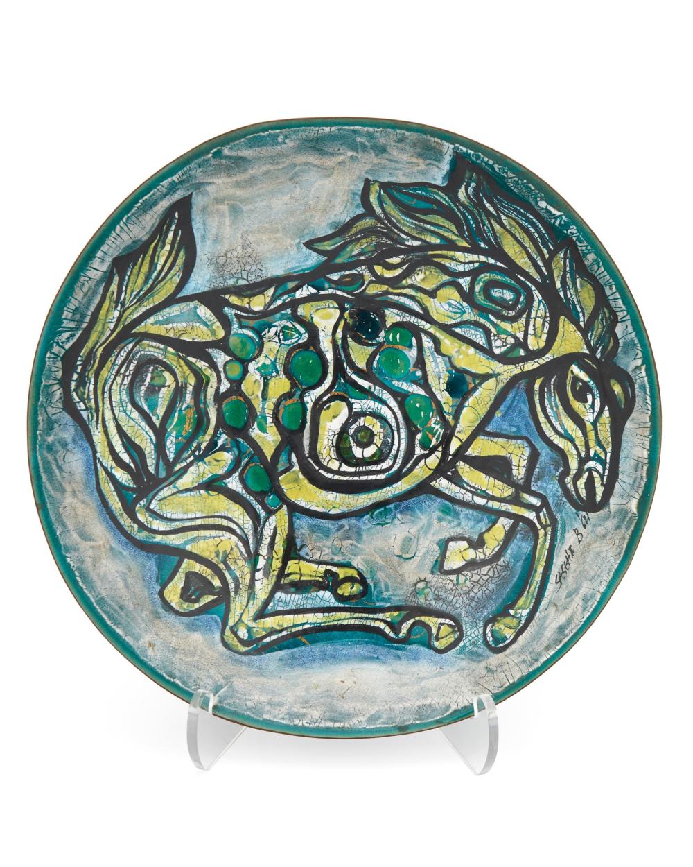 Appraisal: Sascha Brastoff - Charger with horse Enamel and copper Signed