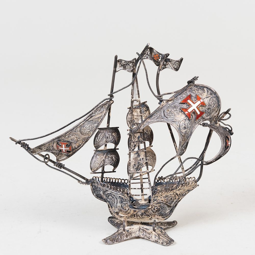 Appraisal: Continental Silvered Metal Filigree Model of a Ship Apparently unmarked