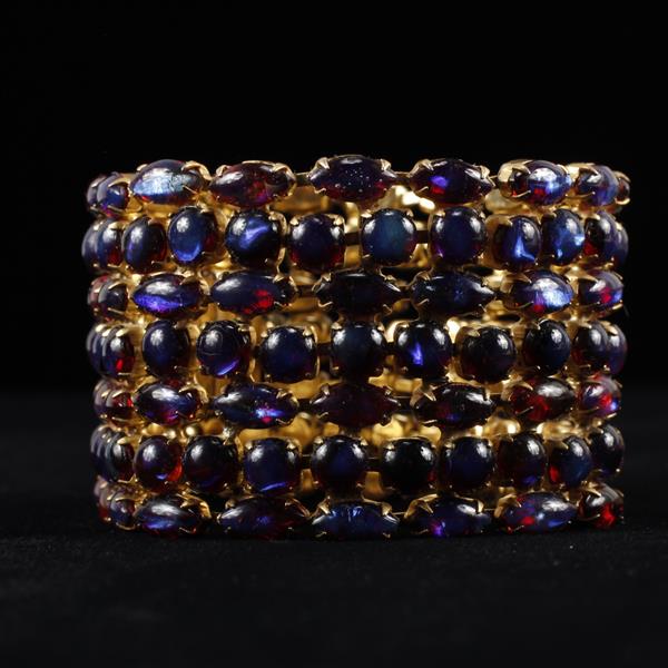 Appraisal: Hattie Carnegie row purple glass jelly cabochon wide cuff bracelet