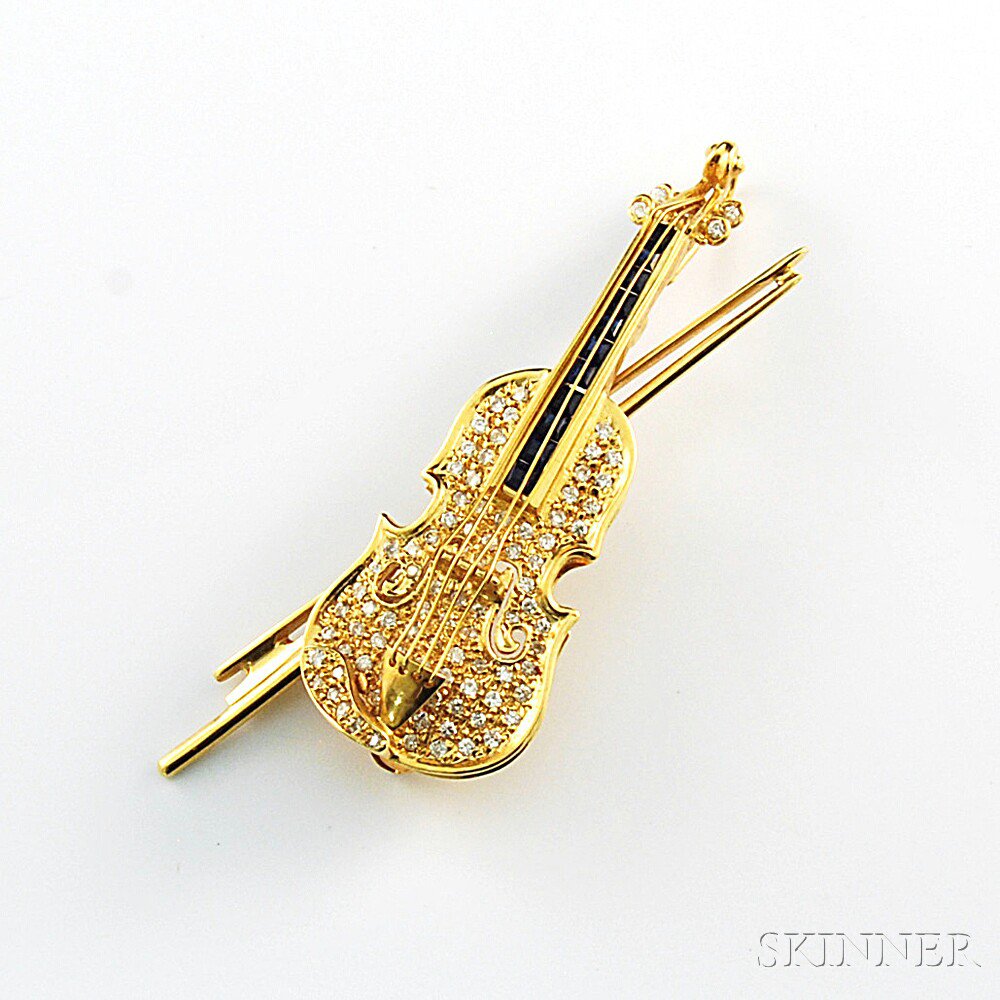 Appraisal: kt Gold Sapphire and Diamond Violin Brooch the pav diamond-set