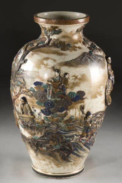 Appraisal: Large High Relief Satsuma Vase early th century Satsuma mon