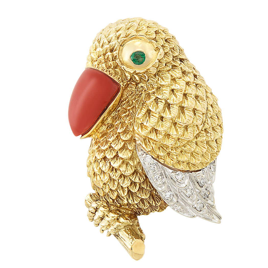 Appraisal: Gold Coral Diamond and Emerald Toucan Brooch kt single-cut diamonds